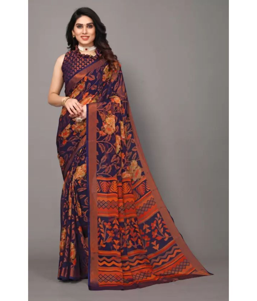     			Sitnjali Lifestyle - Navy Blue Brasso Saree With Blouse Piece ( Pack of 1 )