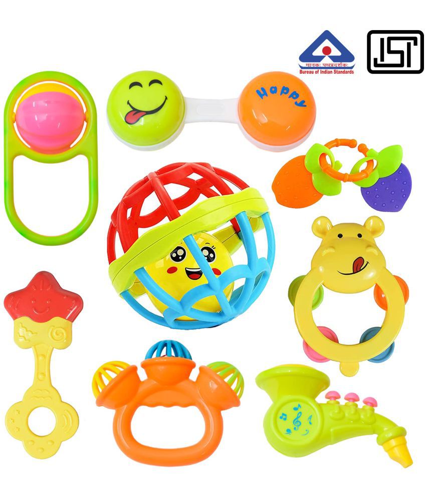     			WISHKEY Colorful Attractive Plastic Non Toxic Set of 7 Shake & Grab Rattle and 1 Soothing Teether for New Born and Infants