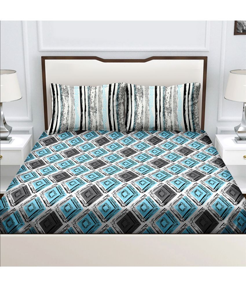     			Bella Casa - Blue Cotton Double Bedsheet with 2 Pillow Covers