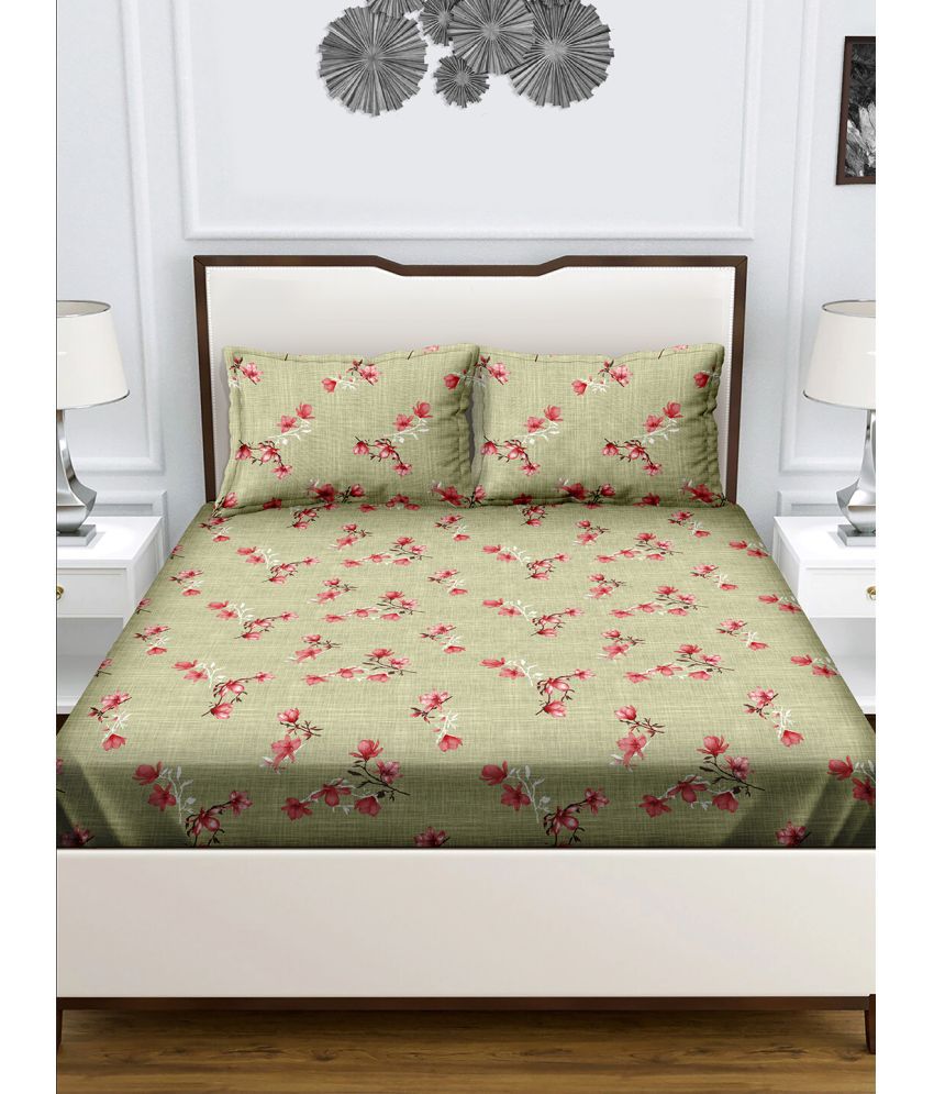     			Bella Casa - Green Cotton Double Bedsheet with 2 Pillow Covers
