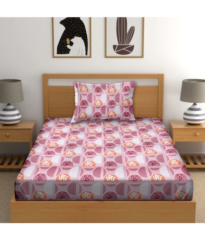     			Bella Casa - Pink Cotton Single Bedsheet with 1 Pillow Cover