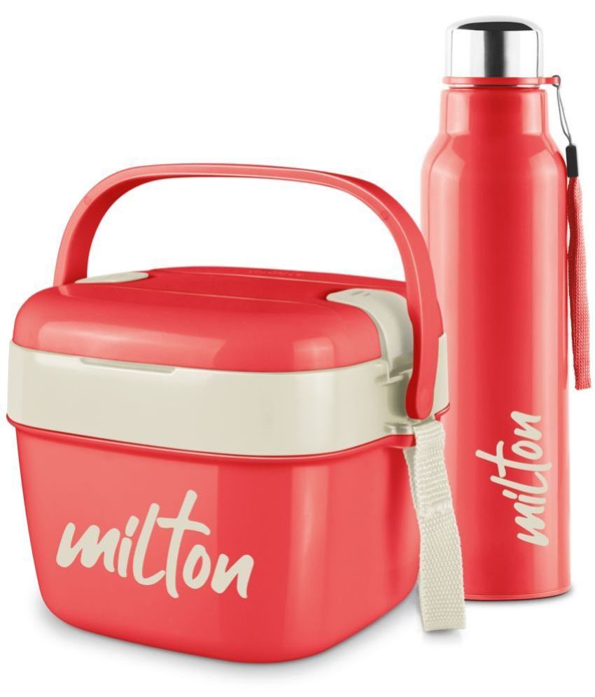     			Milton Cube Lunchmate (Steel Fit Insulated Water Bottle 630 ml & Cubic Big Tiffin 1.1 Litre) Red