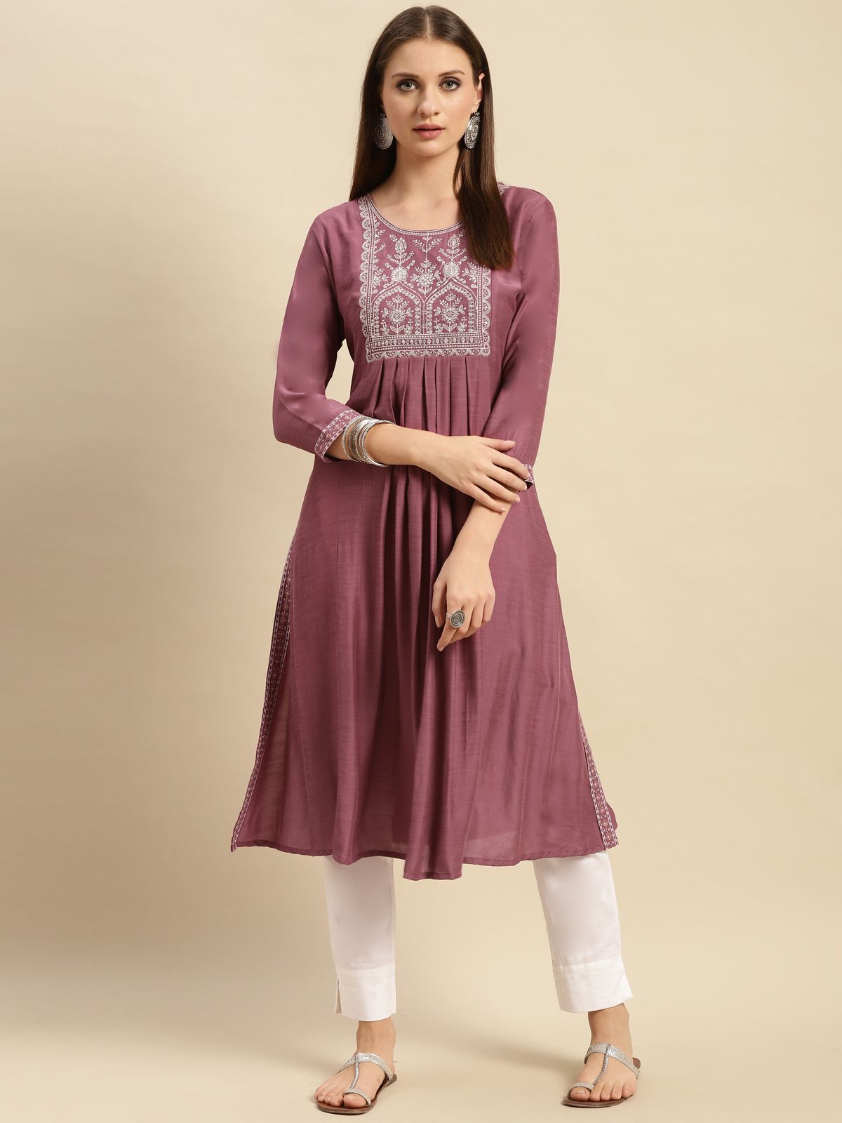Rangita Women Viscose Blend Mauve Yoke Embroidered Calf Length Partywear A-Line Kurti