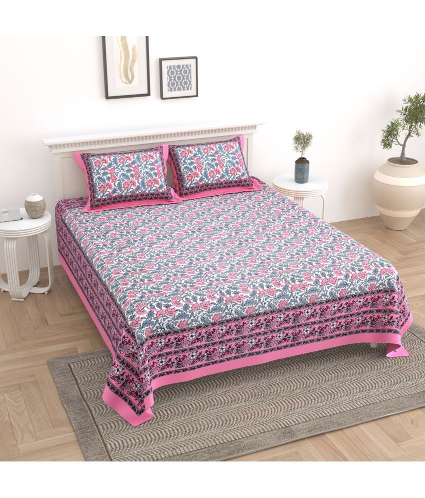     			Uniqchoice - Pink Cotton Double Bedsheet with 2 Pillow Covers