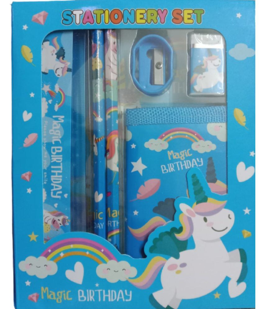    			333 YESKART -6PC  BLUE  MAGIC BIRTH DAY STATIONERY SET( PACK OF 1) The set includes  two pencils, 1eraser, 1 sharpener , 1 WALLET. and a Scale  all printed with your favourite characters. Just unpackaged your stationery set, &  Start home work