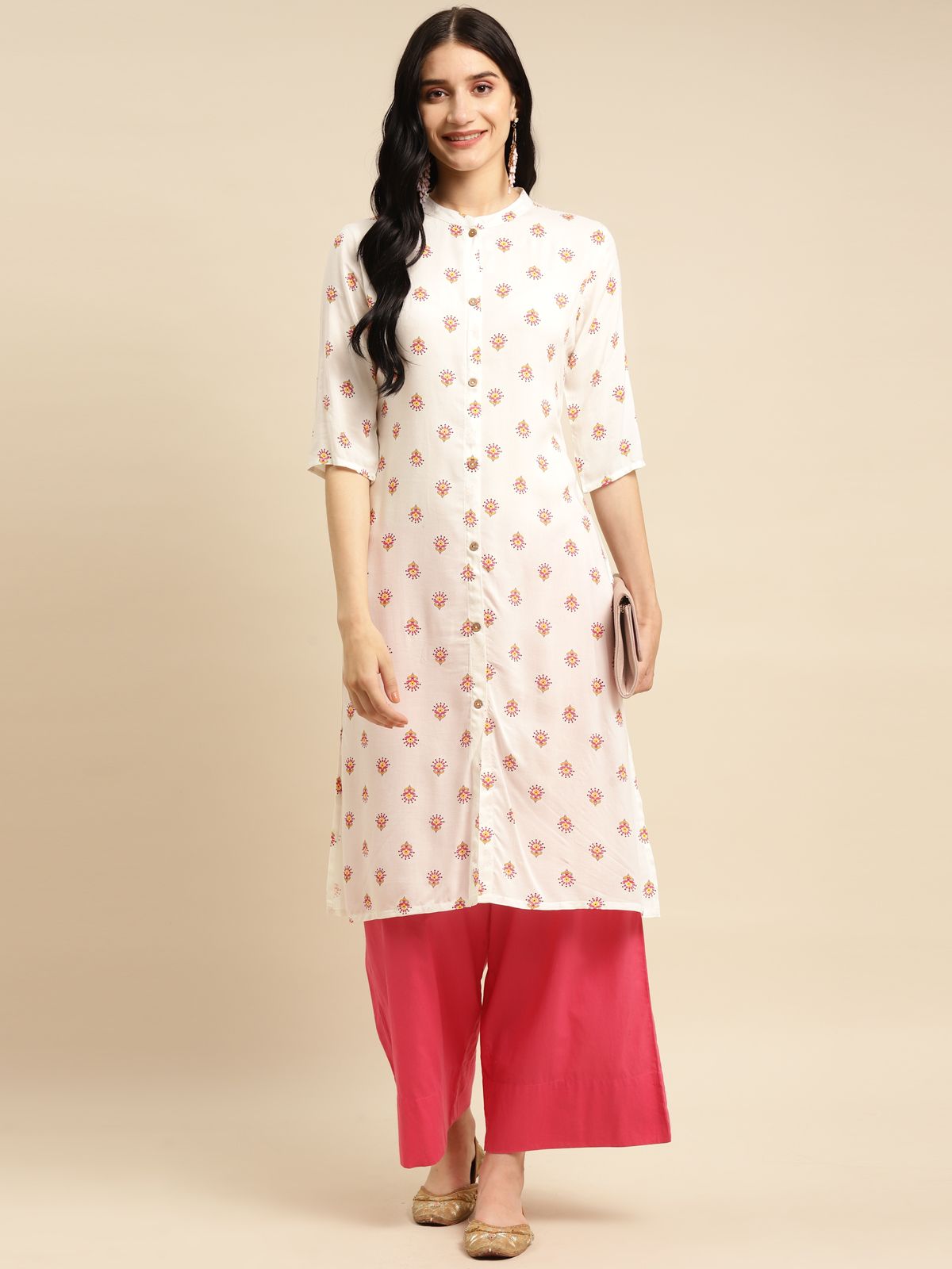     			Rangita Women Rayon White Buta Printed Calf Length A-line Kurti