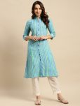 Rangita Women Rayon Blue Tonal Printed Calf Length Kalidar Kurti With Front Button Placket