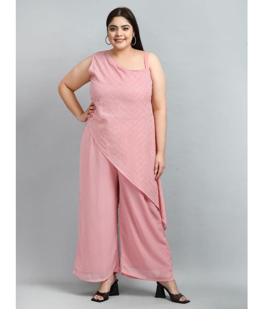     			PrettyPlus by Desinoor - Pink Asymmetrical Georgette Women's Stitched Salwar Suit ( Pack of 1 )