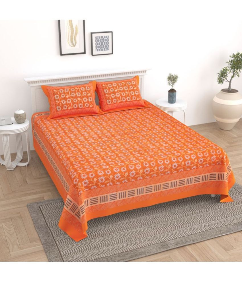     			Uniqchoice Cotton Floral Printed Double Bedsheet with 2 Pillow Covers - Orange