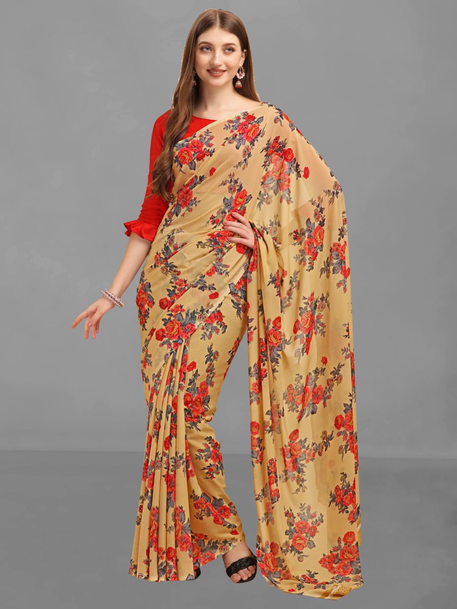     			Vichitro - Beige Georgette Saree With Blouse Piece ( Pack of 1 )