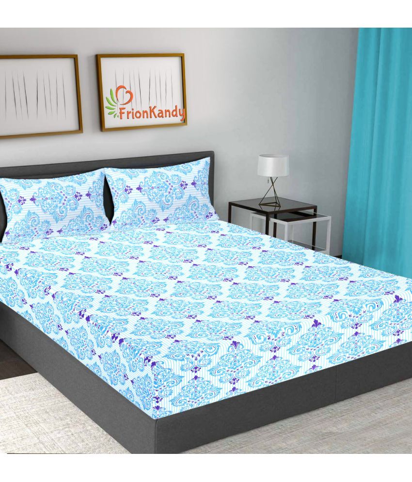     			FrionKandy Living Cotton Abstract Double Bedsheet with 2 Pillow Covers - Turquoise