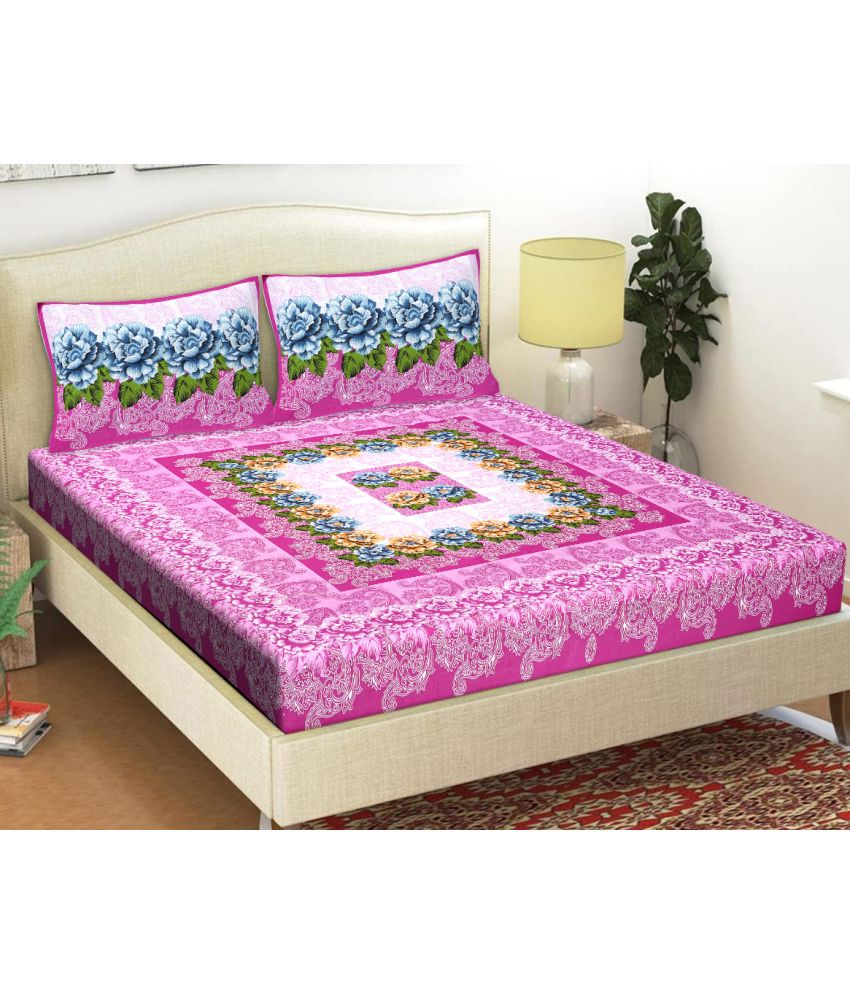 FrionKandy Living Cotton Abstract Double Bedsheet with 2 Pillow Covers - Pink