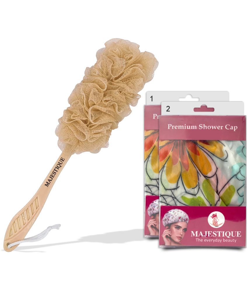     			Majestique Bath Care 3Pcs Long Handle Loofah With Shower Cap Ideal For All Hair Color May Vary