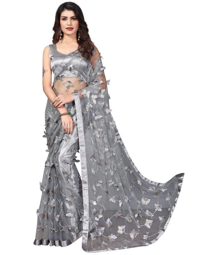     			Apnisha - Grey Net Saree With Blouse Piece ( Pack of 1 )