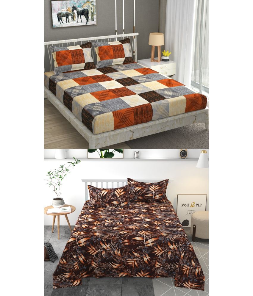     			Homefab India Poly Cotton Colorblock 2 Double Bedsheets with 4 Pillow Covers - Brown