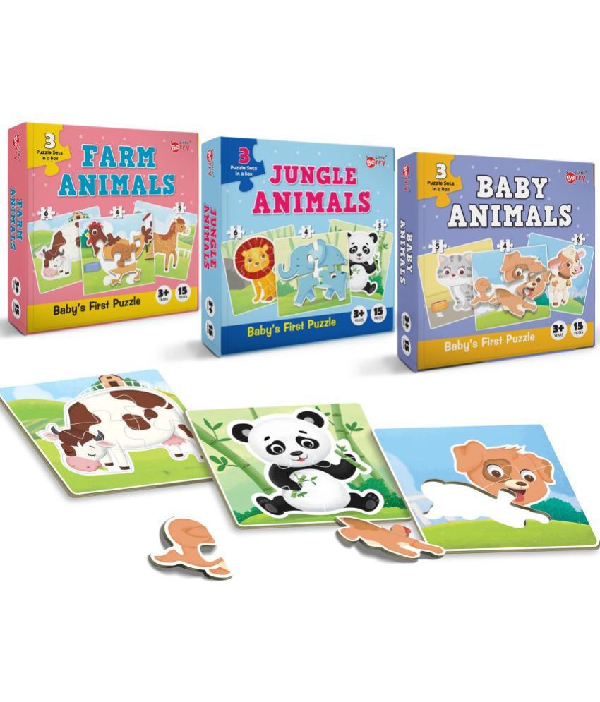     			Little Berry Baby’s First Jigsaw Puzzle Set of 3 for Kids: Jungle Animals, Farm Animals & Baby Animals - 15 Puzzle Pieces Each