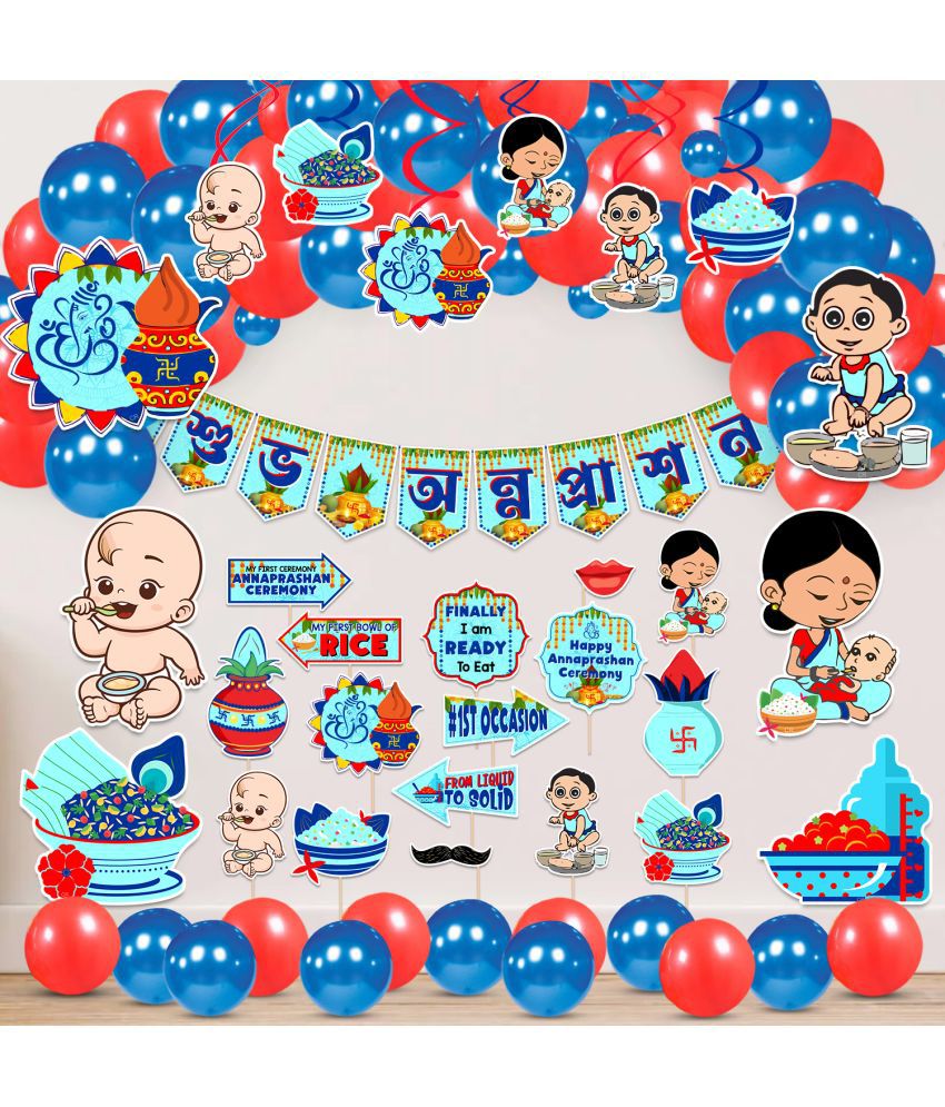     			Zyozi Blue & Red Annaprasanam Swirls Hanging with Cardstock Cutout, Annaprasanam Bunting Banner Bengali Font Shubh Annaprashan and Balloon,Photo Booth Props,Rice Ceremony Items (Pack of 56)