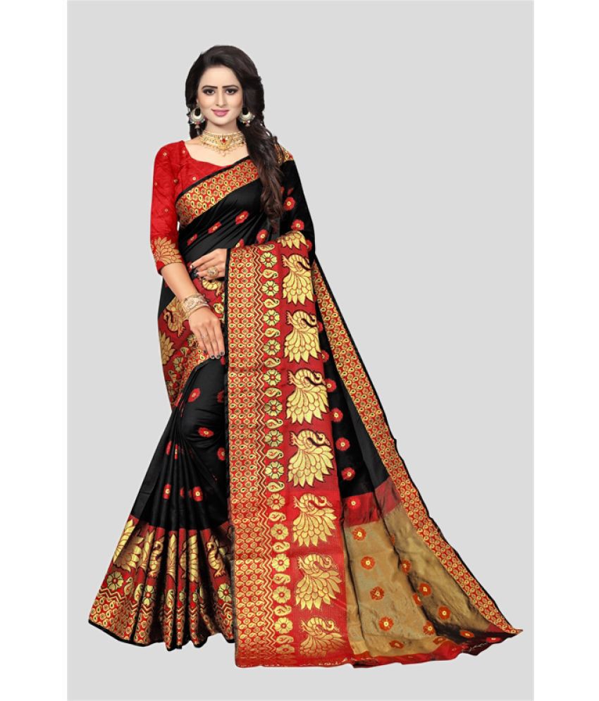     			CARTSHOPY - Black Cotton Silk Saree With Blouse Piece ( Pack of 1 )