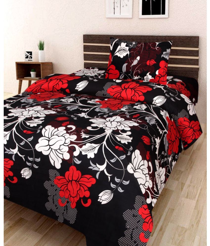     			Exopick Poly Cotton Floral Single Bedsheet with 1 Pillow Cover - Black