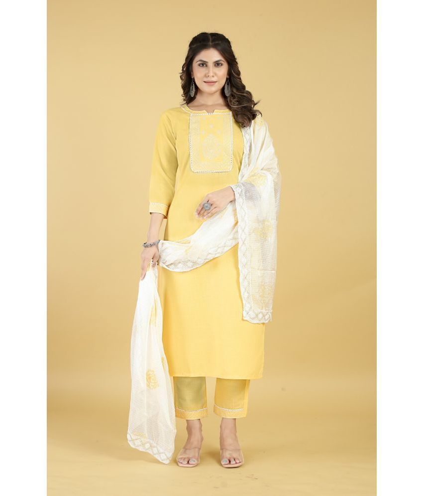     			Style Samsara - Yellow Straight Cotton Blend Women's Stitched Salwar Suit ( Pack of 1 )