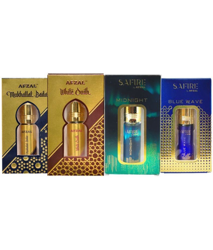     			AFZAL & SAFIRE MIDNIGHT, BLUE WAVE, MUKHALLAT BADAR & WHITE OUDH ATTAR (COMBO PACK 6ML*4) ROLL-ON PERFUME OIL FOR MEN AND WOMEN