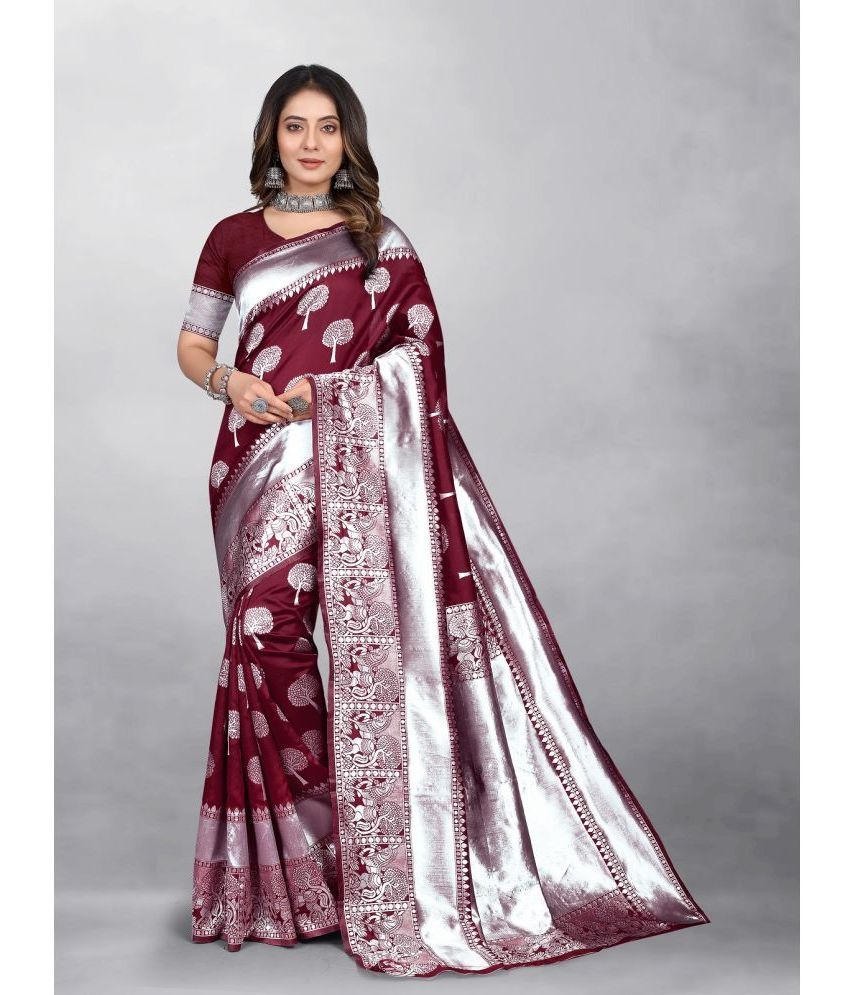     			Gazal Fashions - Maroon Banarasi Silk Saree With Blouse Piece ( Pack of 1 )