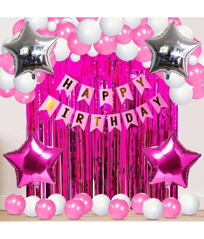     			Zyozi Birthday Decoration kit for Girls- 47 Pcs with Foil Curtain/Pink & Silver Star Foil Baloons/Happy BirthDay Banner, Balloons for Kids, Baby Girl Gifts Set (Pink & White)