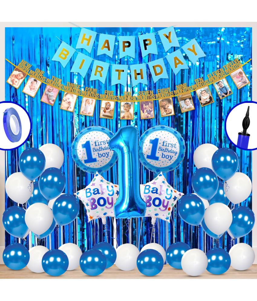     			Zyozi Birthday Decoration kit for Boys- 61 Pcs with Foil Curtain/Birthday Banner, Balloons for Kids, Baby Boys Gifts Set (Blue & White)