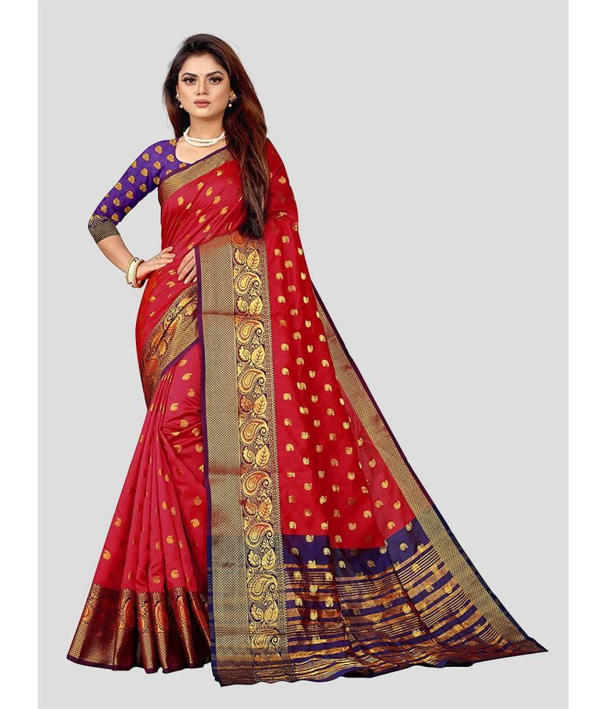     			CARTSHOPY - Red Jacquard Saree With Blouse Piece ( Pack of 1 )