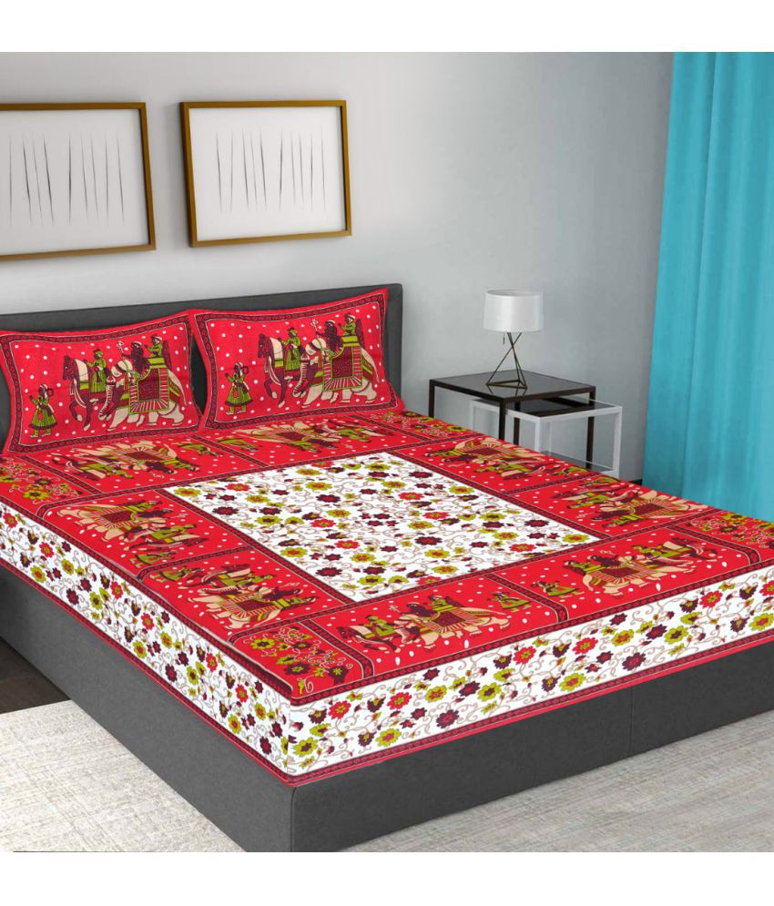 FrionKandy Living Cotton Floral Double Bedsheet with 2 Pillow Covers - Red