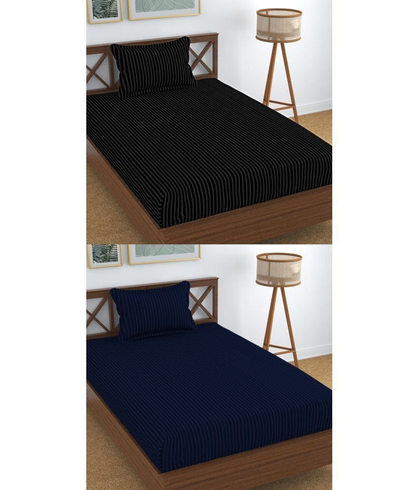     			Homefab India Cotton Vertical Striped 2 Single Bedsheets with 2 Pillow Covers - Navy Blue