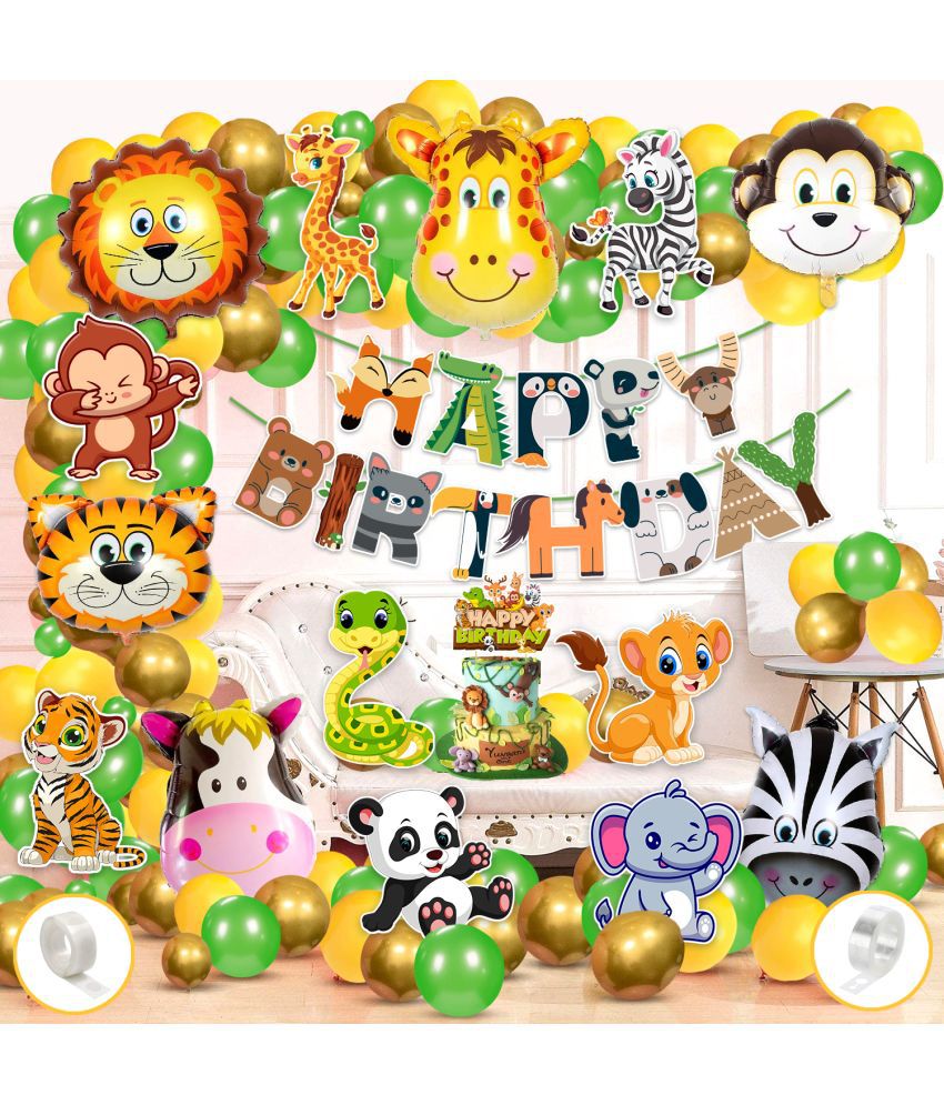     			Zyozi Jungle Safari Birthday Decoration Kids,Animal Birthday Party Decoration Banner with Balloons, Cake Topper,Foil Balloons, Cardstock Cutout,Glue & Arch Kit for Boy Birthday(Pack of 68)