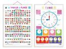 Set of 2 My World of Flags and TIME Early Learning Educational Charts for Kids | 20"X30" inch |Non-Tearable and Waterproof | Double Sided Laminated | Perfect for Homeschooling, Kindergarten and Nursery Students