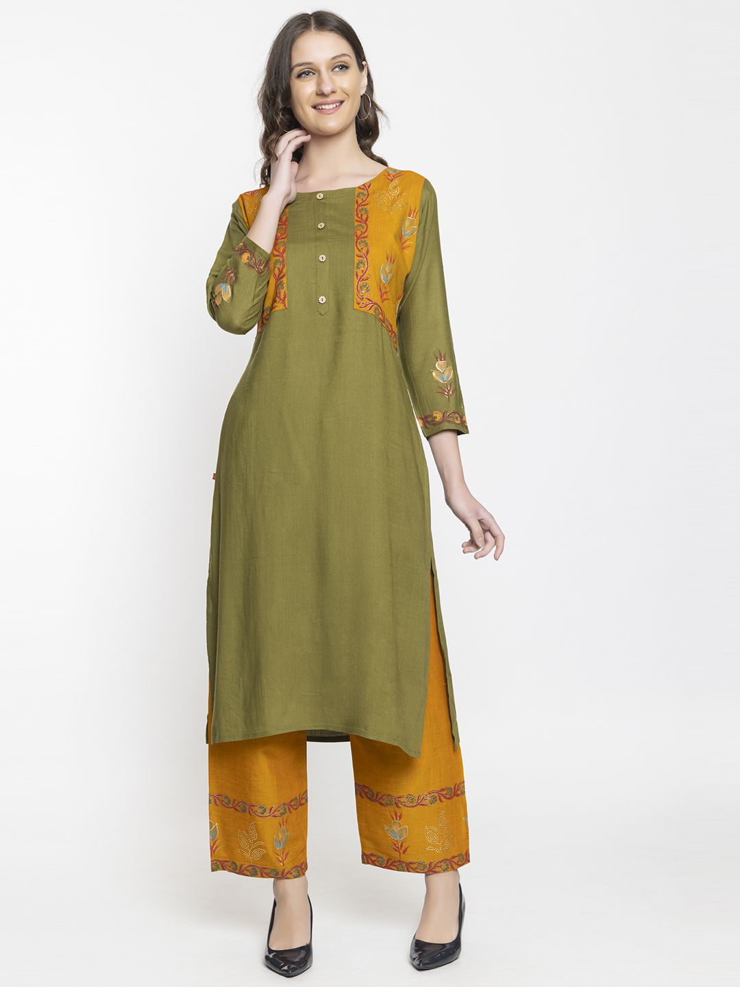     			ELTHIA - Olive Cotton Women's Straight Kurti ( Pack of 1 )