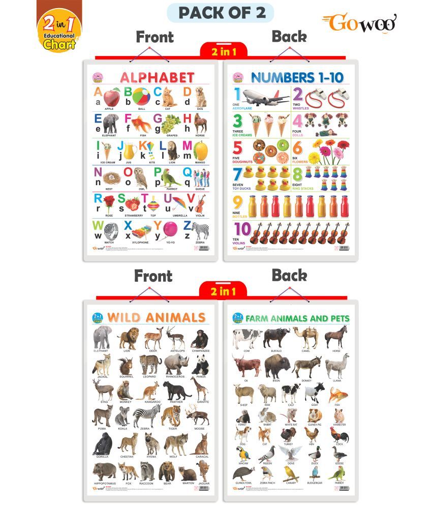     			Set of 2 | 2 IN 1 ALPHABET AND NUMBER 1-10 and 2 IN 1 WILD AND FARM ANIMALS & PETS Early Learning Educational Charts for Kids