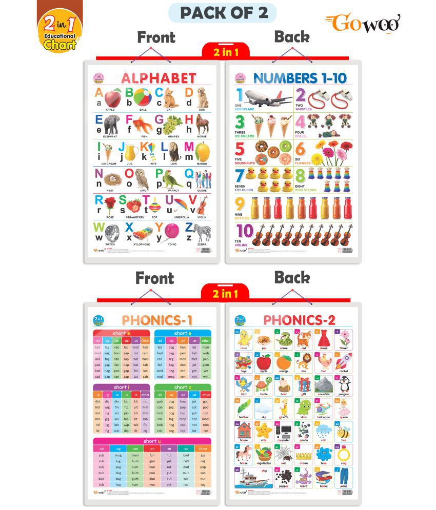     			Set of 2 | 2 IN 1 ALPHABET AND NUMBER 1-10 and 2 IN 1 PHONICS 1 AND PHONICS 2 Early Learning Educational Charts for Kids | 20"X30" inch |Non-Tearable and Waterproof | Double Sided Laminated | Perfect for Homeschooling, Kindergarten and Nursery Students