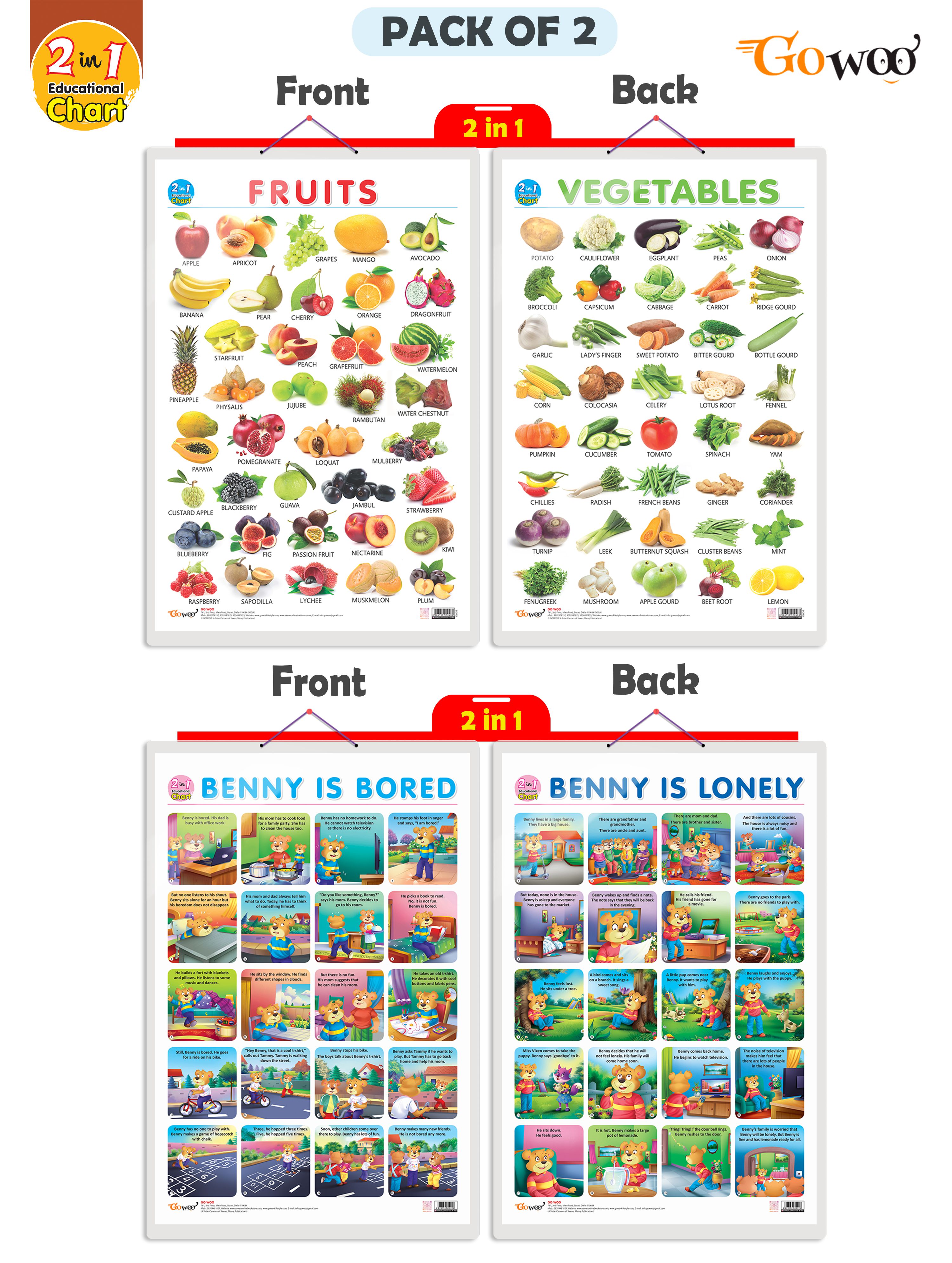     			Set of 2 | 2 IN 1 FRUITS AND VEGETABLES and 2 IN 1 BENNY IS BORED AND BENNY IS LONELY Early Learning Educational Charts for Kids