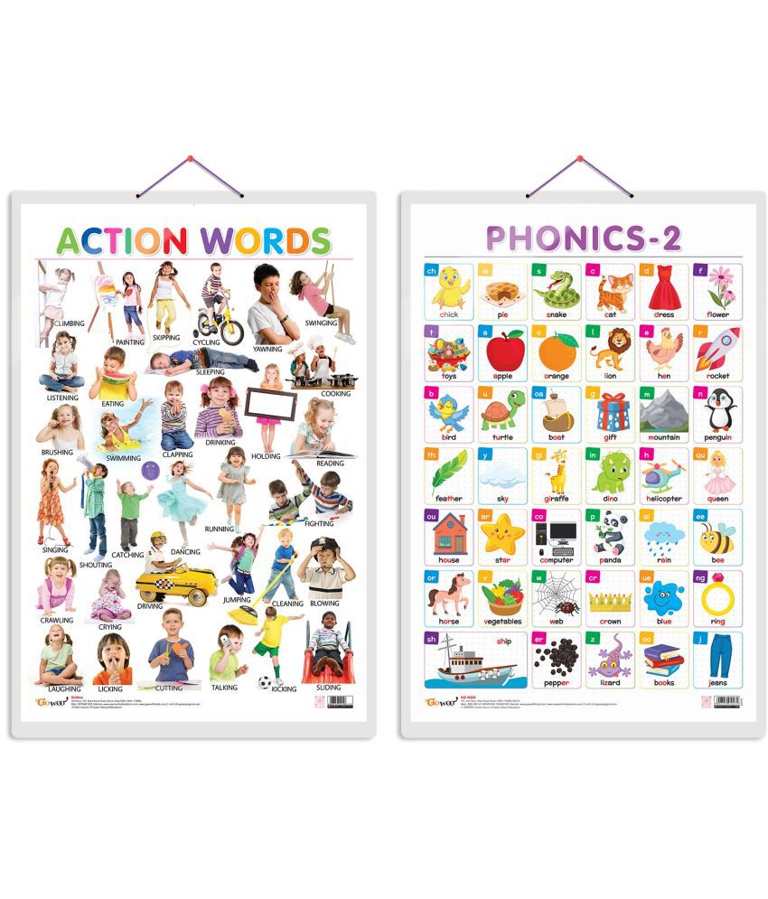     			Set of 2 Action Words and PHONICS - 2 Early Learning Educational Charts for Kids | 20"X30" inch |Non-Tearable and Waterproof | Double Sided Laminated | Perfect for Homeschooling, Kindergarten and Nursery Students
