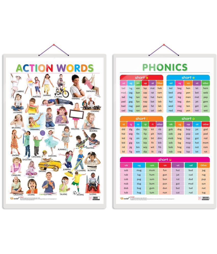     			Set of 2 Action Words and PHONICS - 1 Early Learning Educational Charts for Kids | 20"X30" inch |Non-Tearable and Waterproof | Double Sided Laminated | Perfect for Homeschooling, Kindergarten and Nursery Students