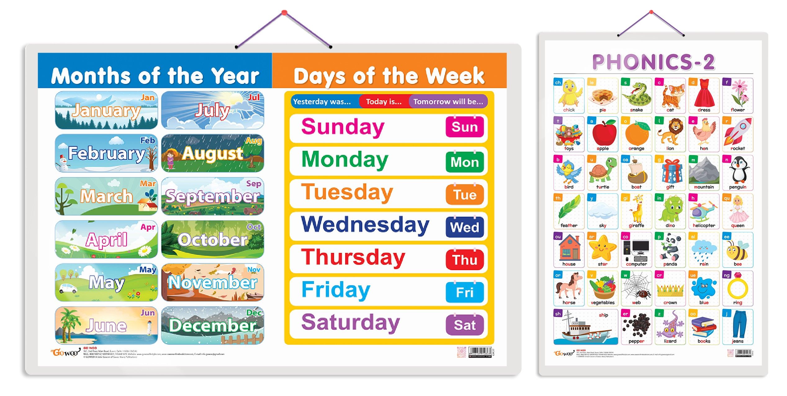     			Set of 2 MONTHS OF THE YEAR AND DAYS OF THE WEEK and PHONICS - 2 Early Learning Educational Charts for Kids | 20"X30" inch |Non-Tearable and Waterproof | Double Sided Laminated | Perfect for Homeschooling, Kindergarten and Nursery Students