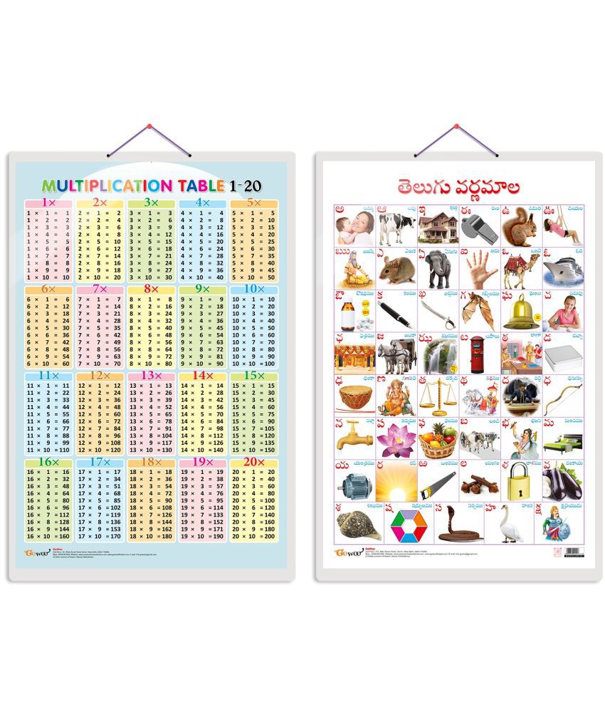     			Set of 2 Multiplication Table 1-20 and Telugu Alphabet (Telugu) Early Learning Educational Charts for Kids | 20"X30" inch |Non-Tearable and Waterproof | Double Sided Laminated | Perfect for Homeschooling, Kindergarten and Nursery Students