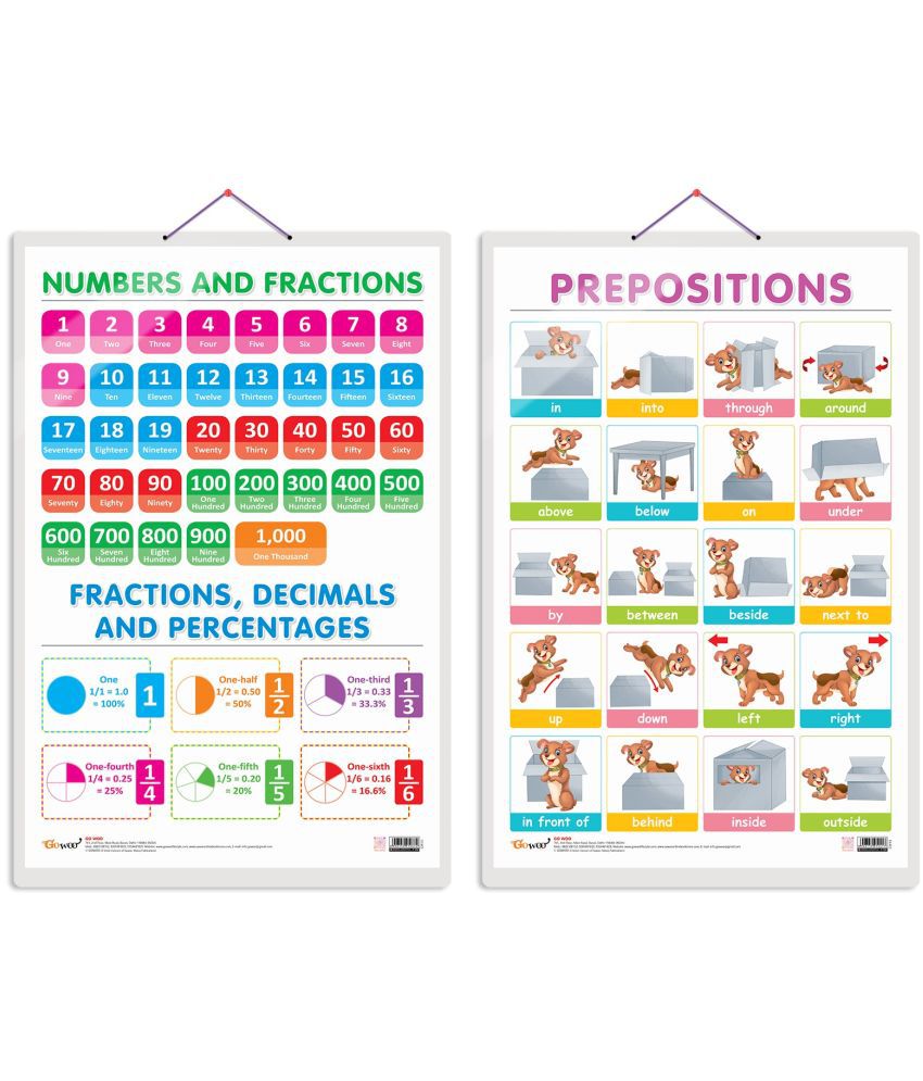     			Set of 2 NUMBERS AND FRACTIONS and PREPOSITIONS Early Learning Educational Charts for Kids | 20"X30" inch |Non-Tearable and Waterproof | Double Sided Laminated | Perfect for Homeschooling, Kindergarten and Nursery Students