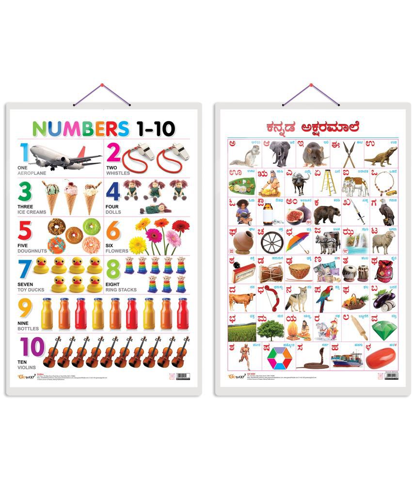     			Set of 2 Numbers 1-10 and Kannada Alphabet Early Learning Educational Charts for Kids | 20"X30" inch |Non-Tearable and Waterproof | Double Sided Laminated | Perfect for Homeschooling, Kindergarten and Nursery Students