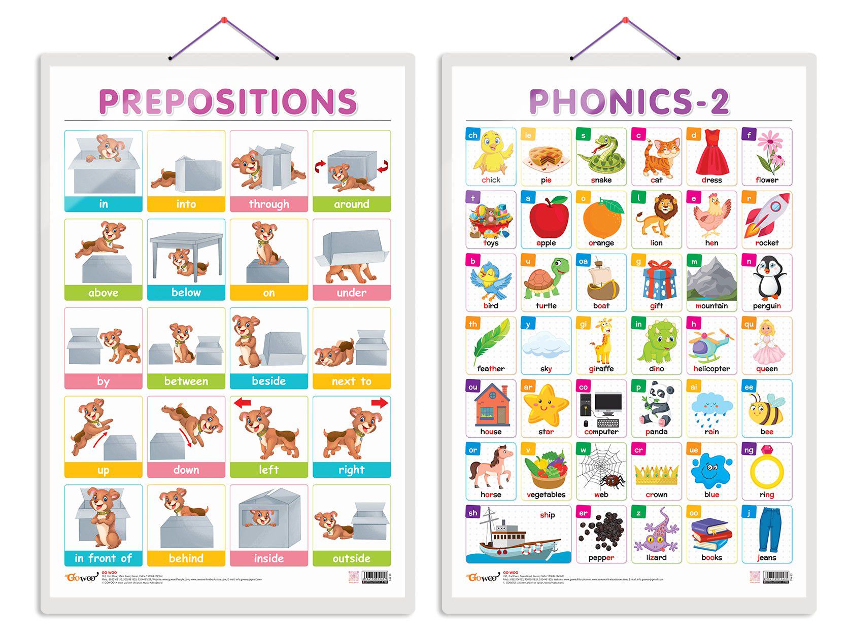     			Set of 2 PREPOSITIONS and PHONICS - 2 Early Learning Educational Charts for Kids | 20"X30" inch |Non-Tearable and Waterproof | Double Sided Laminated | Perfect for Homeschooling, Kindergarten and Nursery Students