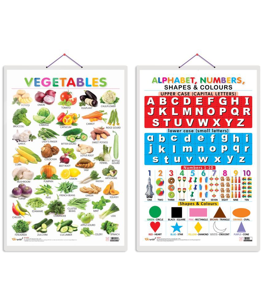     			Set of 2 Vegetables and Alphabet, Numbers, Shapes & Colours Early Learning Educational Charts for Kids | 20"X30" inch |Non-Tearable and Waterproof | Double Sided Laminated | Perfect for Homeschooling, Kindergarten and Nursery Students