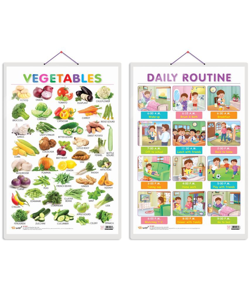     			Set of 2 Vegetables and DAILY ROUTINE Early Learning Educational Charts for Kids | 20"X30" inch |Non-Tearable and Waterproof | Double Sided Laminated | Perfect for Homeschooling, Kindergarten and Nursery Students