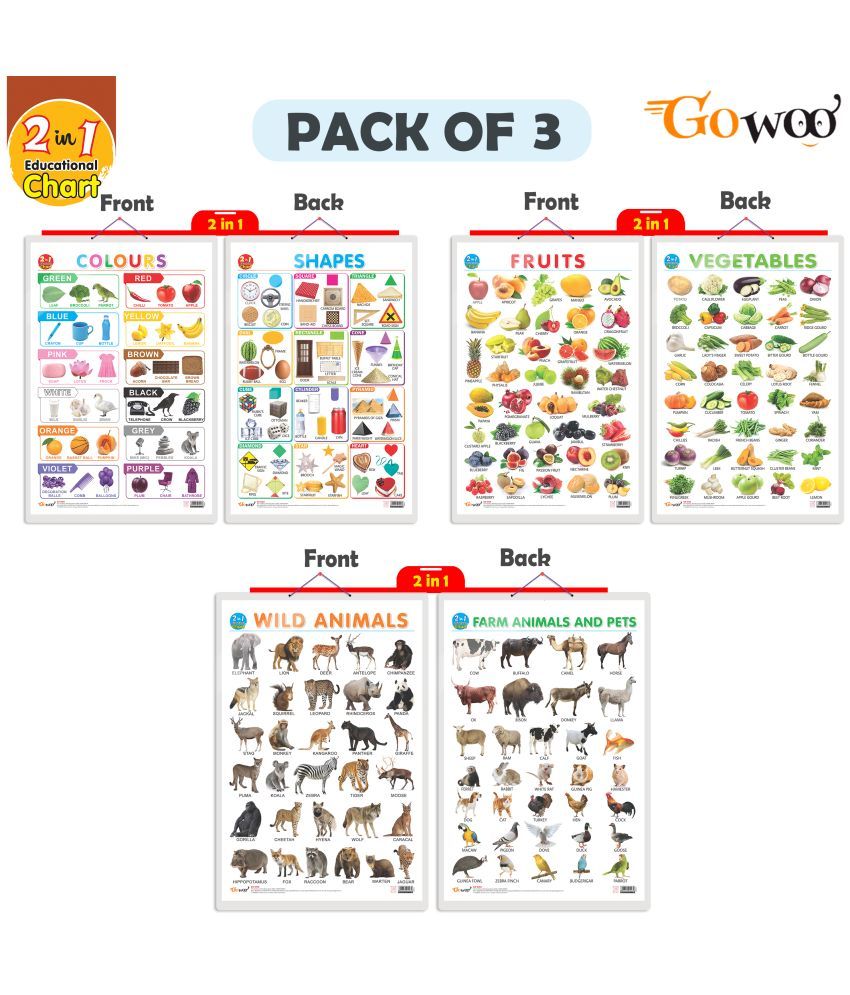     			Set of 3 | 2 IN 1 COLOURS AND SHAPES and 2 IN 1 FRUITS AND VEGETABLES, 2 IN 1 WILD AND FARM ANIMALS & PETS Early Learning Educational Charts for Kids