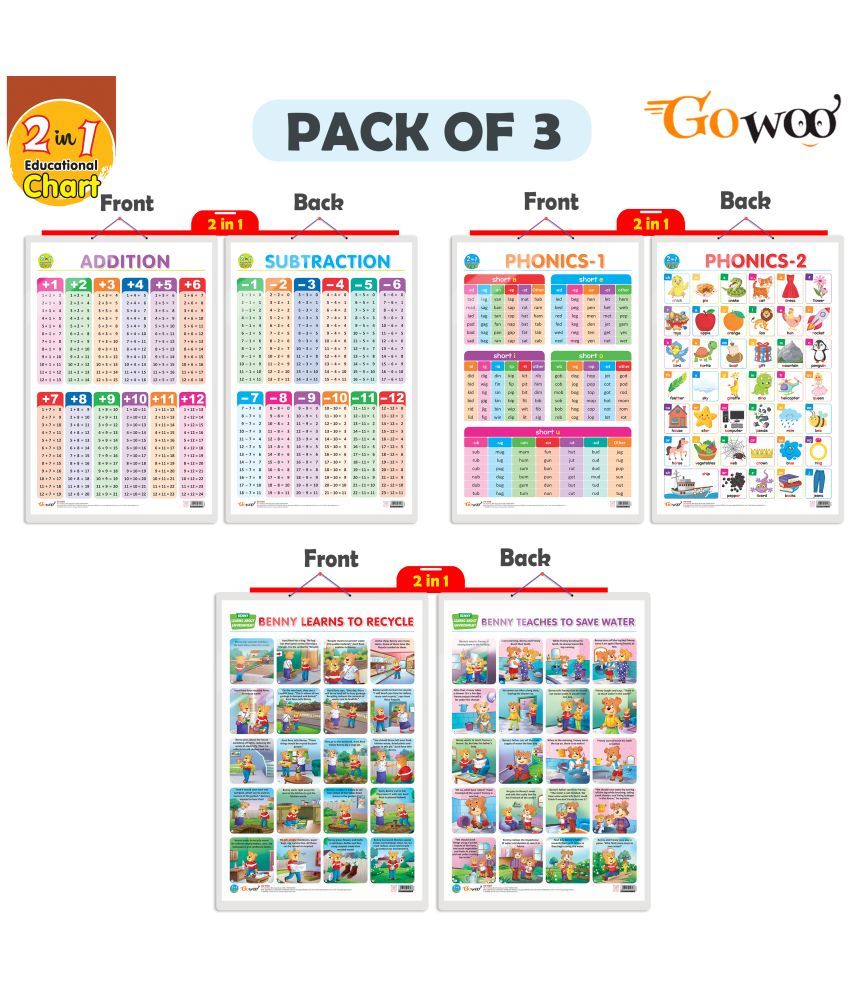     			Set of 3 | 2 IN 1 ADDITION AND SUBTRACTION, 2 IN 1 PHONICS 1 AND PHONICS 2 and 2 IN 1 BENNY LEARNS TO RECYCLE AND BENNY TEACHES TO SAVE WATER Early Learning Educational Charts for Kid