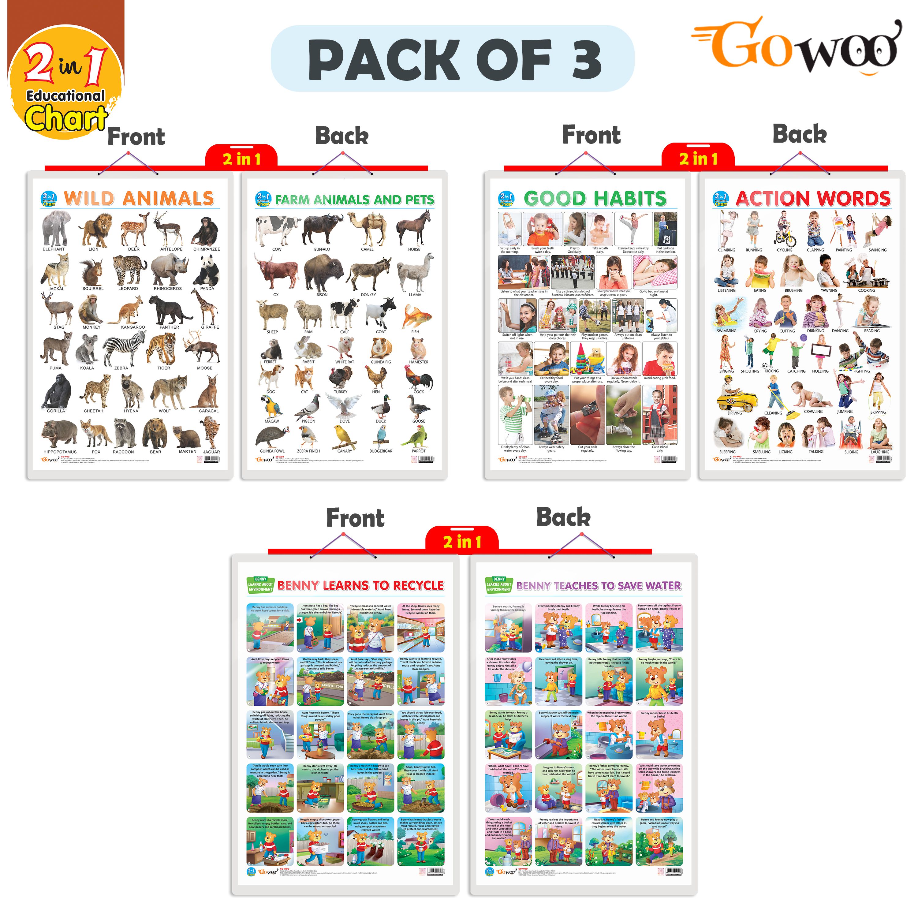    			Set of 3 |2 IN 1 WILD AND FARM ANIMALS & PETS, 2 IN 1 GOOD HABITS AND ACTION WORDS and 2 IN 1 BENNY LEARNS TO RECYCLE AND BENNY TEACHES TO SAVE WATER Early Learning Educational Charts for Kids