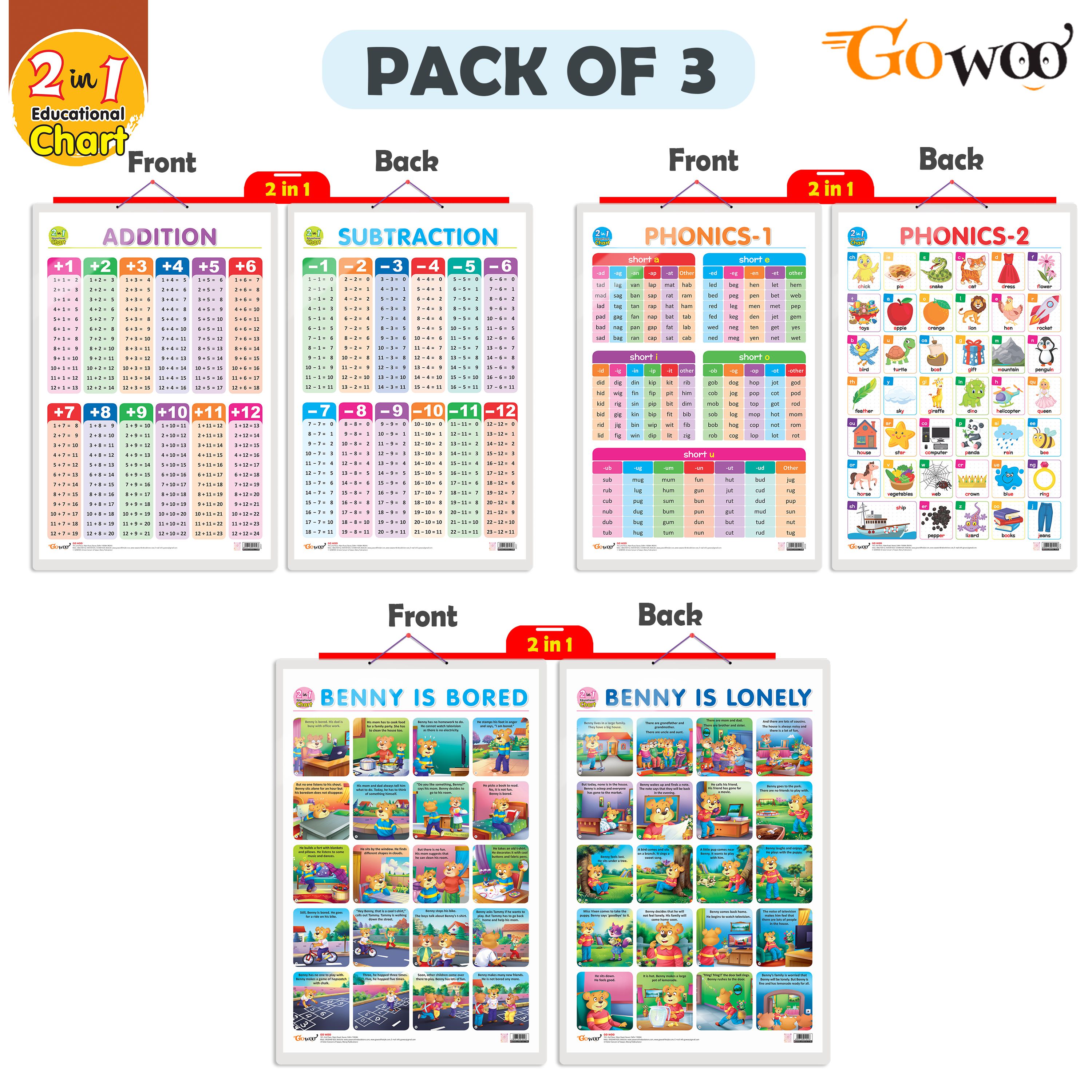    			Set of 3 |2 IN 1 ADDITION AND SUBTRACTION, 2 IN 1 PHONICS 1 AND PHONICS 2 and 2 IN 1 BENNY IS BORED AND BENNY IS LONELY Early Learning Educational Charts for Kidss